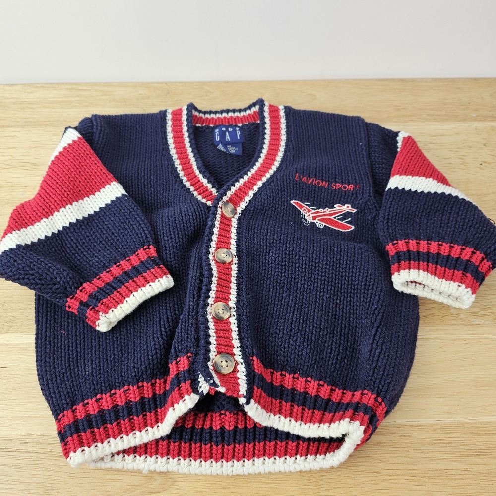 Baby Gap L'Avion Sport Blue Red Cotton Knit‎ Sweater 6-12M 100% Cotton Cardigan
